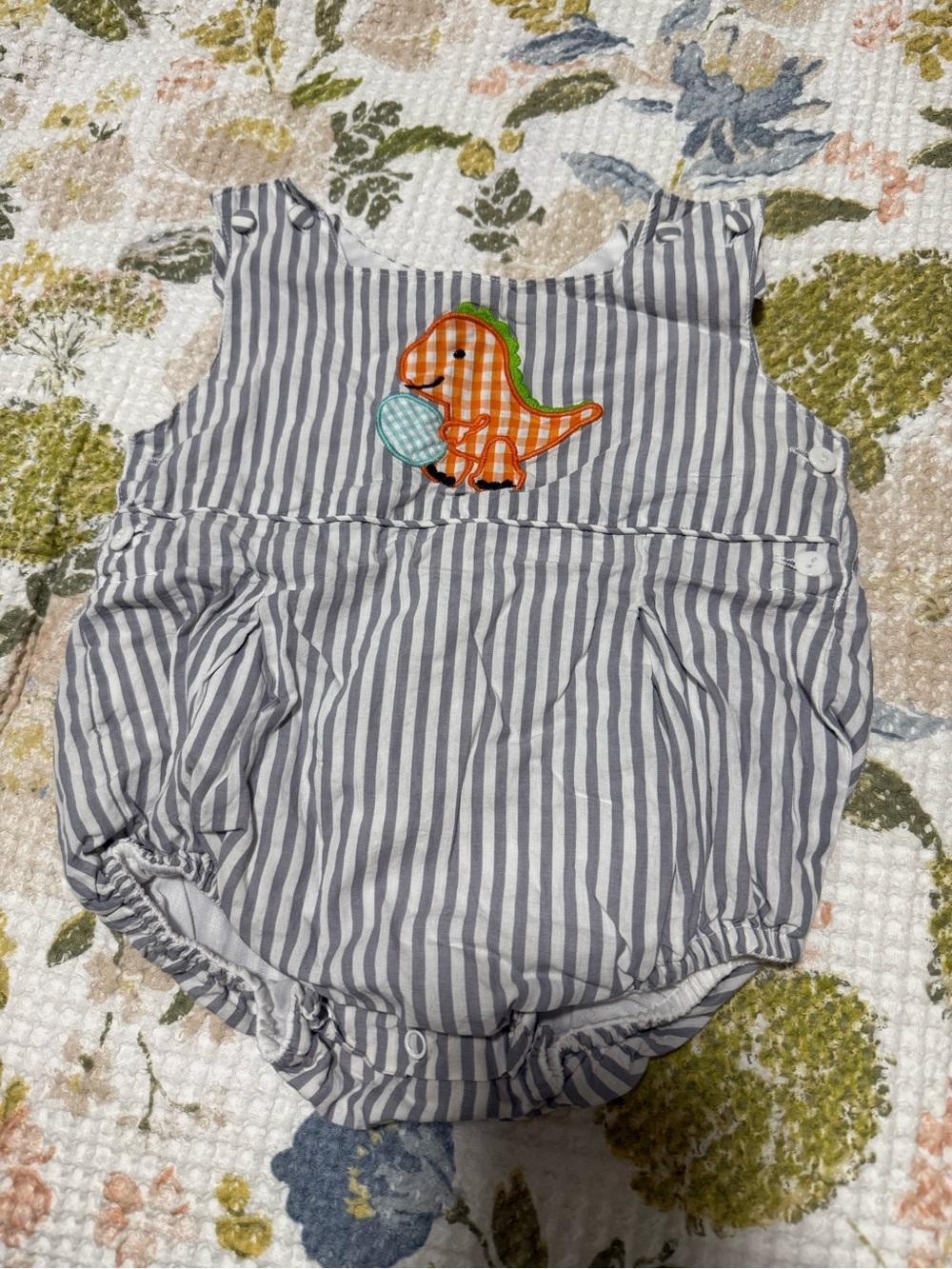 Gray & White Striped Baby Romper with Orange Dinosaur Applique